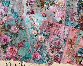 Könnte beinhalten: Zehn 8,5 x 11 Zoll große Scrapbook-Seiten mit rosa und blauen Blumenmustern und Verzierungen. Die Seiten sind perfekt für Junk Journaling und Basteln.