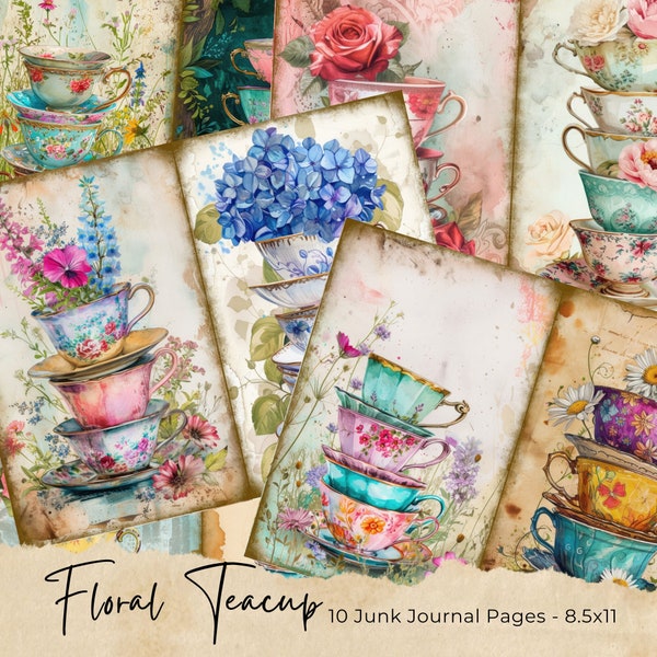 Floral junk journal, Teacup Junk Journal, Vintage Roses Junk Journal Kit, Junk Journal Printable Paper, Digital Collage Instant Download
