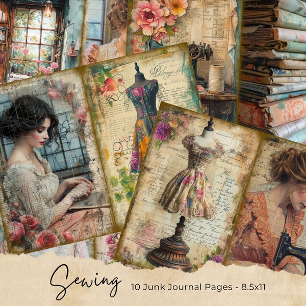 Vintage Sewing Junk Journal Pages, Digital Scrapbook Paper Kit, Victorian Printable, Lace Collage Sheet, Sewing Machine Ephemera, Seamstress