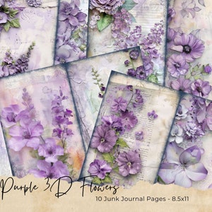 Papier journal indésirable Shabby Chic | Scrapbooking numérique | Fournitures pour journaux vintage | Kit de carnet romantique | Fleurs violettes élégantes