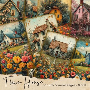 Flower House Junk Journal, Zestaw Flower Junk Journal, Papier Junk Journal, Arkusz kolażu cyfrowego, Natychmiastowe pobieranie, Vintage Cottage