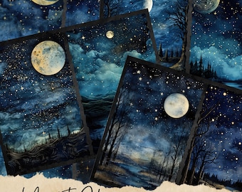 Celestial Moon Junk Journal Pages, Digital Scrapbook Paper Kit, Vintage Night Sky Ephemera, Astronomy Printable, Mystical Star Collage Sheet