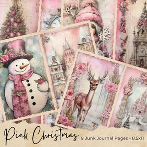 Rosa Weihnachten Junk Journal Seite, Vintage Merry Christmas Junk Journal Seiten, Weihnachtsmann Szene Junk Journal druckbares Papier, digitale Collage