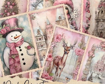 Pink Christmas junk journal page, Vintage Merry Christmas Junk Journal Pages, Santa Scene Junk Journal Printable Paper, Digital Collage