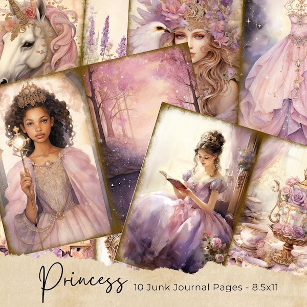 Princess Junk Journal Kit, Digital Download, Printable Pages, Ephemera, Bookmarks, ATC Cards, Scrapbook Supplies, Pink, Gold