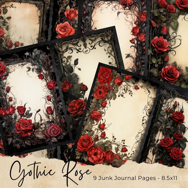 Gothic Red Roses Junk Journal Pages, Vintage Red Roses Junk Journal Kit, Junk Journal Paper, Digital Collage Sheet, Instant Download