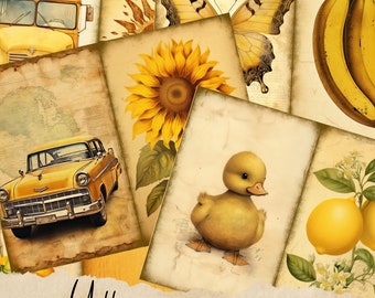 Mixed Media Yellow junk journal kit, digital papers, yellow printable journal pages, journaling papers, yellow background, card making