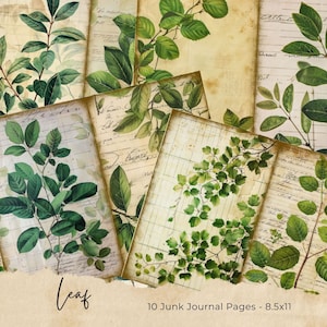Kit di diario spazzatura foglia verde. Bellissimo diario botanico vintage, carta digitale per scrapbooking, diario da giardino con pagine squallide stampabili grunge