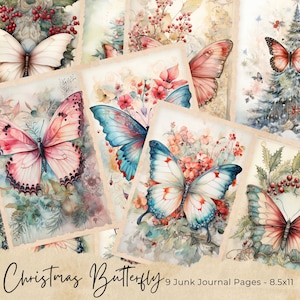 Watercolor Christmas Butterfly Junk Journal Pages, Winter Butterflies Junk Journal Kit, Printable Junk Journal Paper, Digital Collage Sheet