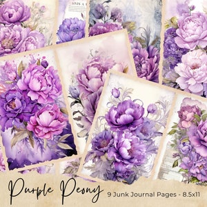 Purple Peonies Junk Journal Pages, vintage Peony Junk Journal Kit, Junk Journal Papier imprimable, Feuille de collage numérique, Téléchargement instantané