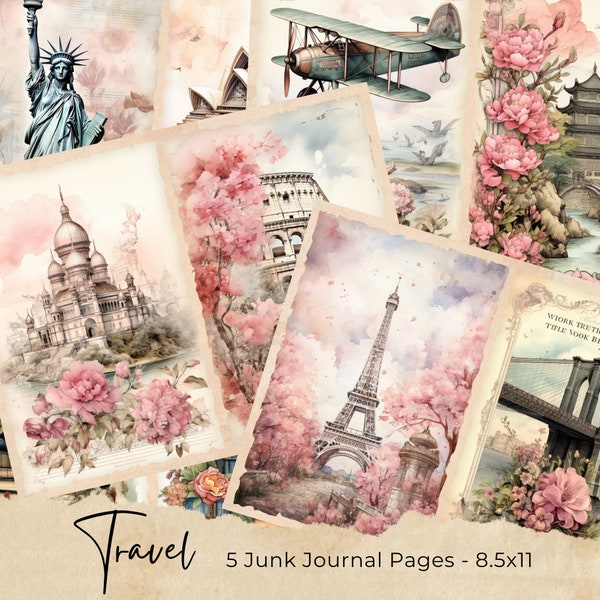 Vintage Travel Junk Journal Pages, Digital Floral Ephemera, Printable Shabby Collage Sheet, Antique Suitcase, Scrapbook Vacation Paper Kit