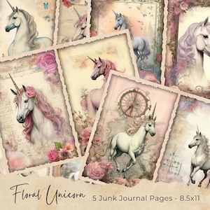 Páginas de diario basura de unicornio, kit de diario basura de unicornio vintage, papel imprimible de diario basura, hoja de collage digital, descarga instantánea