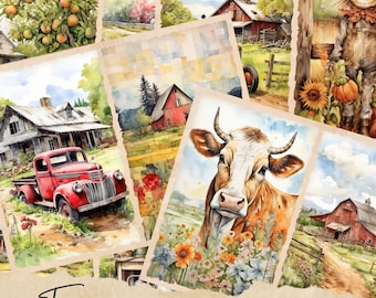 Watercolor Country Farm Junk Journal Printable Pages, Farm House Junk Journal Kit, Ranch Junk Journal Paper, Digital Collage Sheet