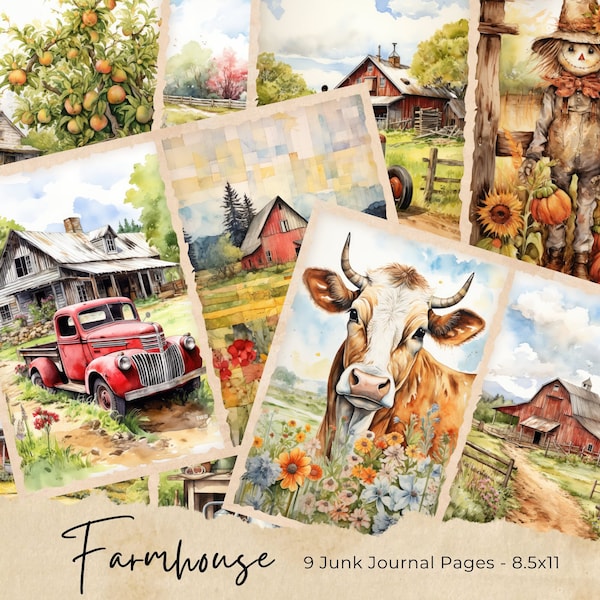 Watercolor Country Farm Junk Journal Printable Pages, Farm House Junk Journal Kit, Ranch Junk Journal Paper, Digital Collage Sheet