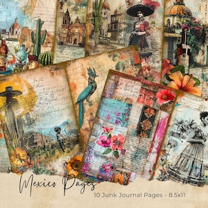 Mexican Fiesta Junk Journal Kit, halve pagina's, volledige pagina's, kaarten, tags, folio, plakboekvoorraad, goud, digitale afbeeldingen, afdrukbaar. JPG-download