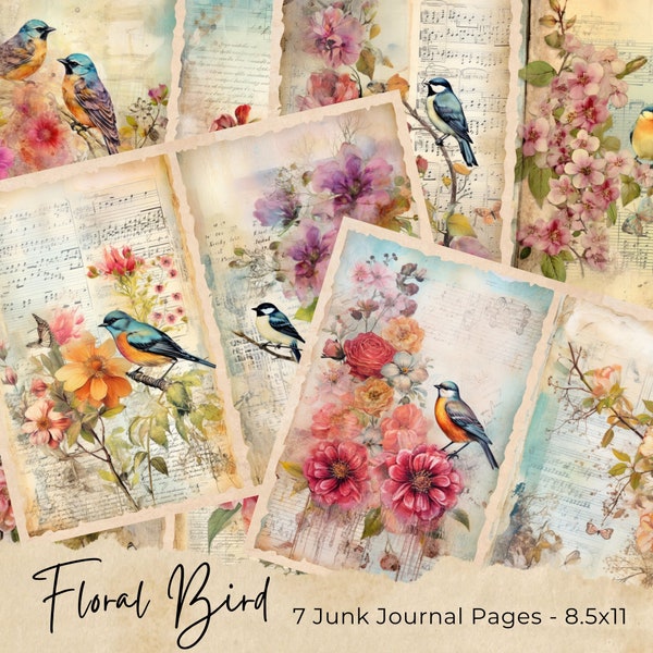 Vintage Bird Junk Journal Pages, Digital Floral Scrapbook Paper Kit, Printable Collage Sheet, Antique Animal Pages, Spring Flower Ephemera