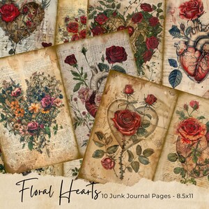 Romantic Junk Journal Kit | Vintage Rustic Shabby Chic Hearts | Junk Journal Pages | Scrapbook Paper | Card Making | Crafts | Collage