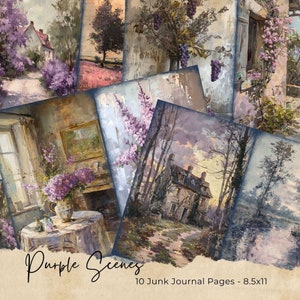 Papier journal indésirable Shabby Chic | Scrapbooking numérique | Fournitures pour journaux vintage | Kit de carnet romantique | Fleurs violettes élégantes