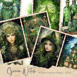 May include: Nine digital printable junk journal pages featuring a green witch theme. The pages include images of a witch, an owl, a pentagram, potion bottles, and a green house.