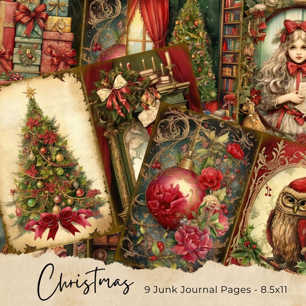 Noël Junk Journal Kit, vintage Merry Christmas Junk Journal Pages, Santa Scene Junk Journal Printable Paper, Digital Collage Sheet