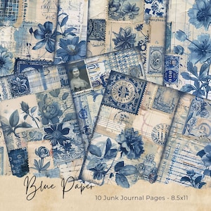 Blassblaue Junk Journal Seiten, Scrapbook Bilder, Collage Papier, digital bedruckbares Papier, shabby chic, Vintage Bilder, feminin und weich