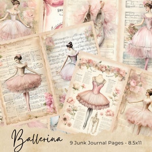 Pages de journal indésirable pour ballet, feuille de collage floral numérique, kit de scrapbooking imprimable, rose shabby chic, éphémère vintage, papier sur le thème de la ballerine
