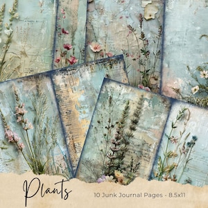 Libro de páginas de diario basura de jardinería, kit de papel de álbum de recortes digital, jardinero imprimible, hoja de collage de plantas de acuarela, jardín de botánica vintage