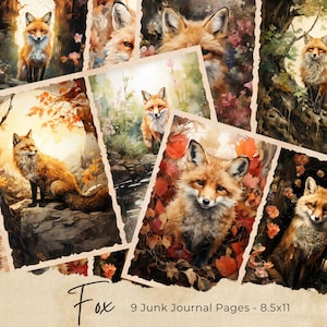 Woodland Fox Junk Journal Pages, Tarjetas de diario basura de Fox, Efímera imprimible, Descarga digital, Scrapbooking, Animales del bosque, Vintage