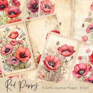 Aquarell Mohnblumen Junk Journal Seiten, Mohnblumen Papier, Blumen Junk Journal, Vintage rote Mohnblume Junk Journal Kit, Junk Journal Printable