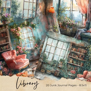 Accogliente angolo di lettura pagine di diario spazzatura, libri digitali effimeri, foglio di collage vegetale stampabile, kit di carta per album vintage, pagine Cottagecore
