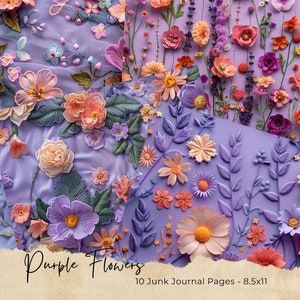 Junk Journal Pages | Spring Embroidery | Whimsical Flowers | Digital Paper Pack | Scrapbooking Supplies | Decoupage | Crafts | Diy
