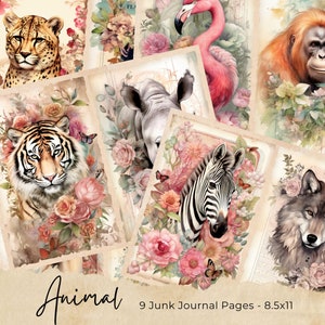 Vintage bloemen dierenjournaalkaarten, Digital Junk Journal Efemere, afdrukbare scrapbook papier kit, bos collageblad, Victoriaanse pagina