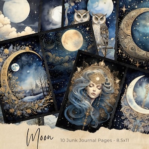 Lixo diário lua coisas efêmeras, kit de papel de scrapbook digital, coisas efêmeras do céu noturno vintage, astronomia imprimível, folha de colagem de estrelas místicas