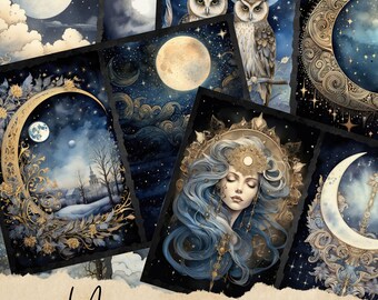 Junk Journal Moon Ephemera, Digital Scrapbook Paper Kit, Vintage Night Sky Ephemera, Astronomy Printable, Mystical Star Collage Sheet