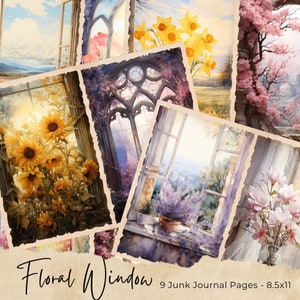 Romantic Window Junk Journal Kit Journal Pages, Floral Window Junk Journal Papier imprimable, Feuille de collage numérique, Téléchargement instantané