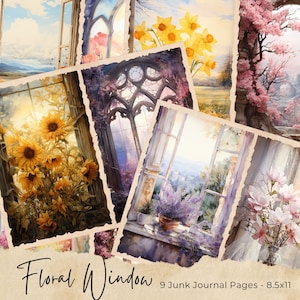 Romantisch venster Junk Journal Kit dagboekpagina's, bloemen venster Junk Journal afdrukbaar papier, digitaal collageblad, Instant Download