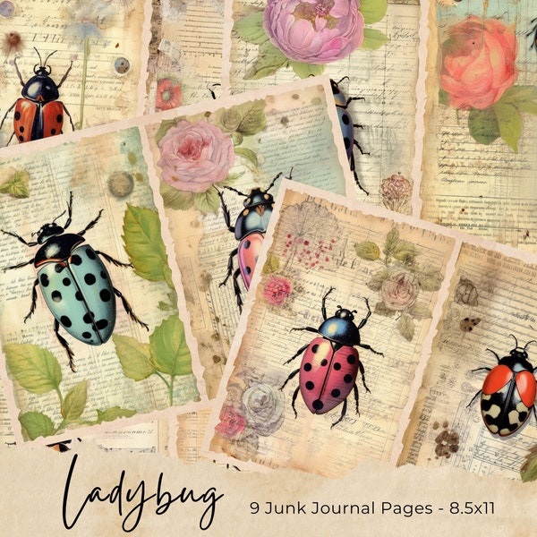 Rustic Ladybugs Junk Journal Kit Vintage Ephemera Journal Digital Paper for Scrapbooking Shabby Printable Collage Sheets Floral Mixed Media