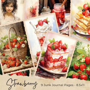 Páginas de diario basura de fresa, papel de álbum de recortes digital, hoja de collage imprimible, efímera vintage, kit de frutas de verano, descarga botánica