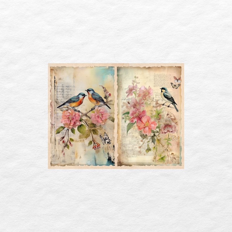 Vintage Bird Junk Journal Pages, Digital Floral Scrapbook Paper Kit ...