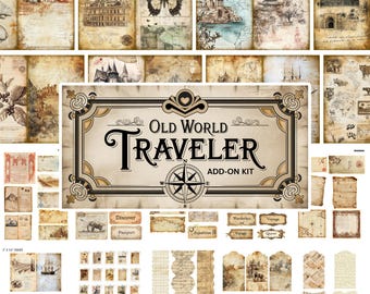 May include: A digital scrapbooking kit with a vintage travel theme. The kit includes images of maps, compasses, old buildings, and other travel-related items. The kit is titled "Old World Traveler Add-On Kit".