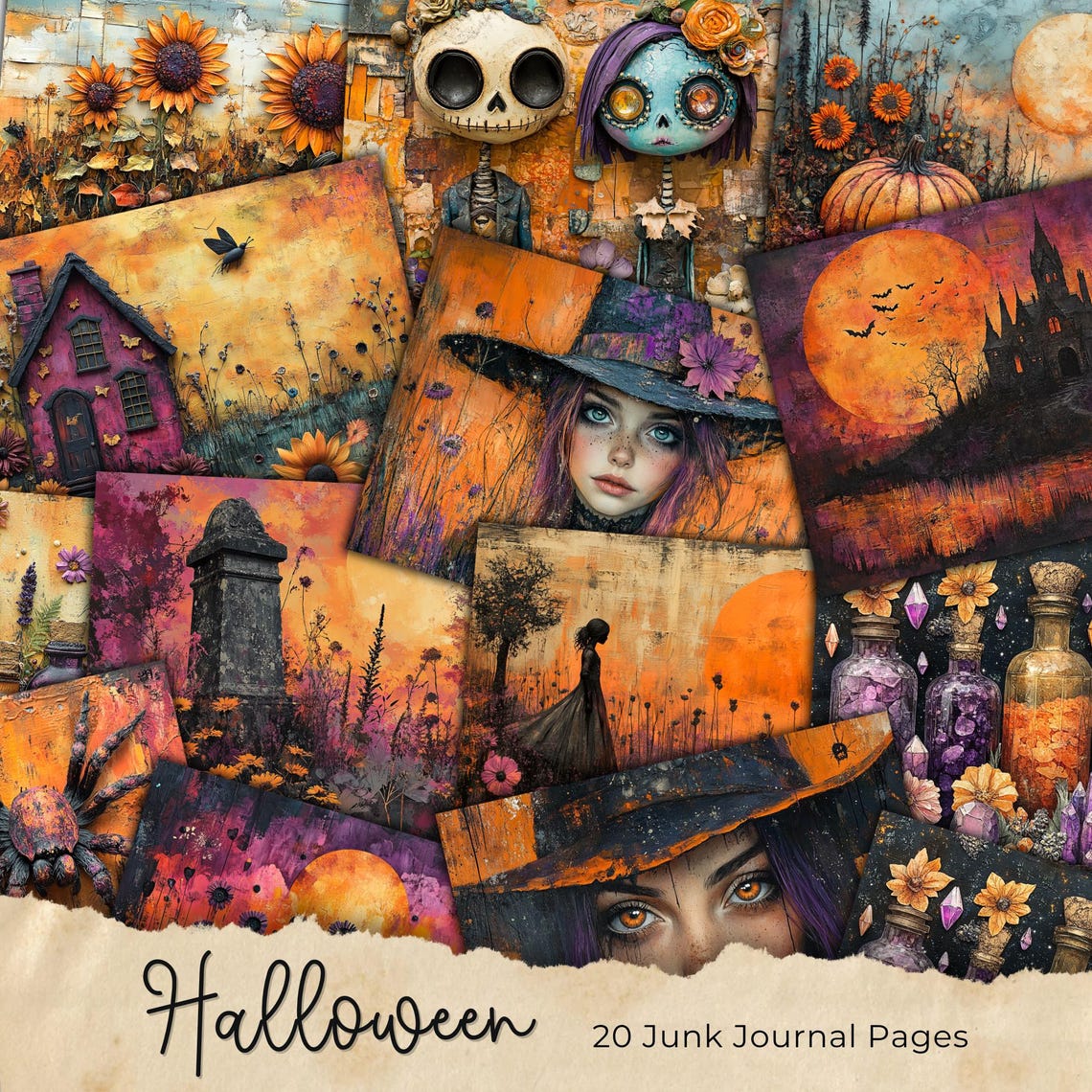Halloween Junk Journal Pages, Digital Scrapbook Paper Kit, Spooky ...