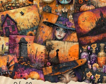 Halloween Junk Journal Pages, Digital Scrapbook Paper Kit, Spooky Gothic Printable, Vintage Ephemera, Pumpkin Collage Sheet, Grimoire BOS