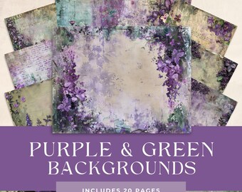 Purple and Green Mixed Media Junk Journal Art Kit, Digital Papers, Printable Journal Pages, Purple and Gold Journaling Japers, Card Making