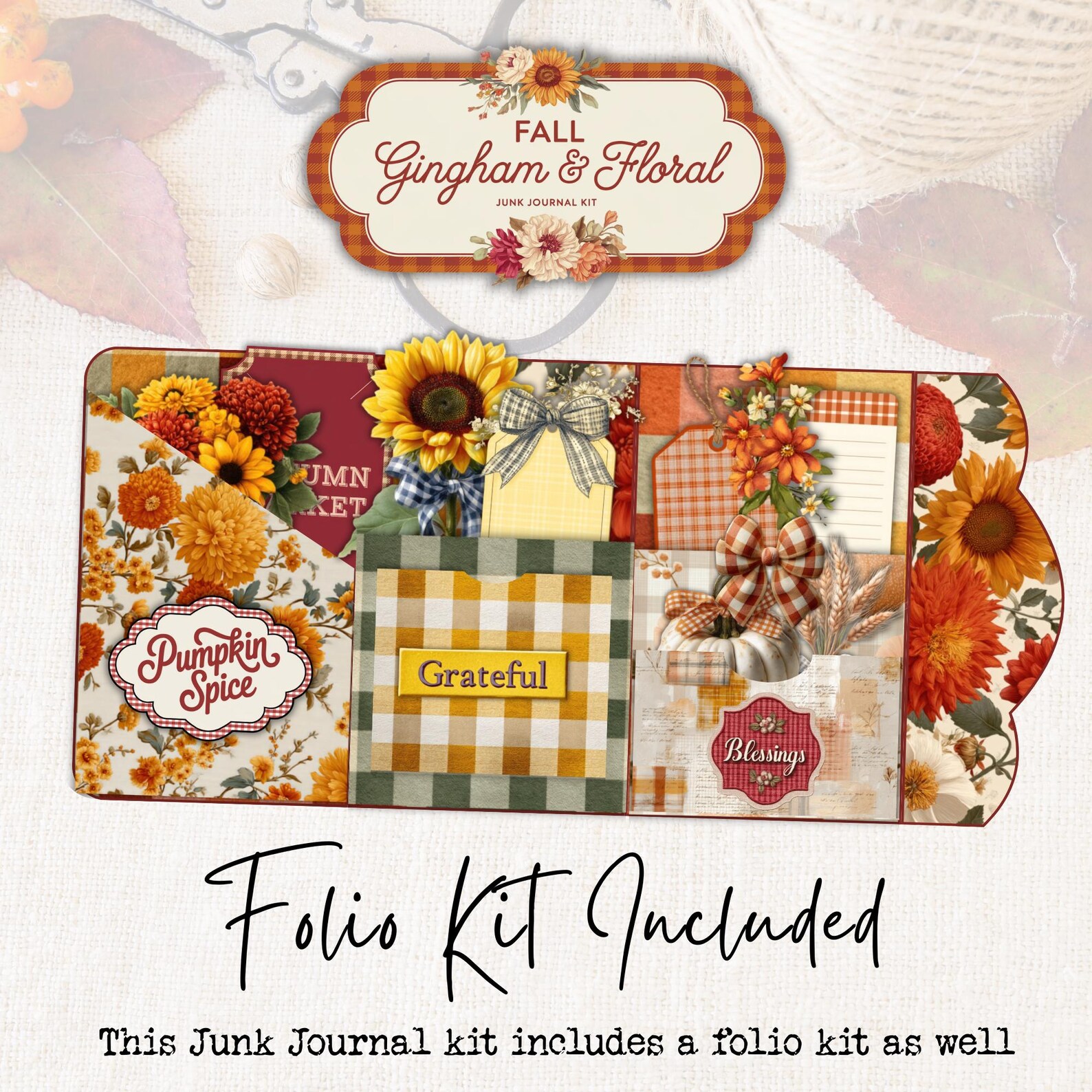 Digital Junk Journal Kit Fall Gingham Floral, Autumn Printable Ephemera ...