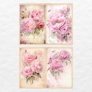 Peut inclure: Quatre cartes de style vintage repr&eacute;sentant des pivoines roses sur un fond d&eacute;lav&eacute; de notes de musique et une aquarelle rose clair.