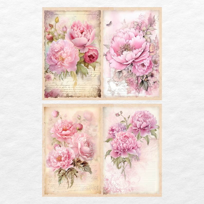 Peut inclure: Quatre cartes de style vintage repr&eacute;sentant des pivoines roses sur un fond d&eacute;lav&eacute; de notes de musique et une aquarelle rose clair.