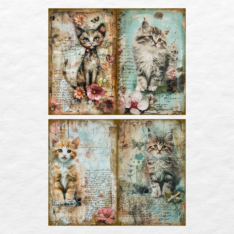Watercolor Cat Junk Journal Printable Page, Kitten With Flowers Junk ...