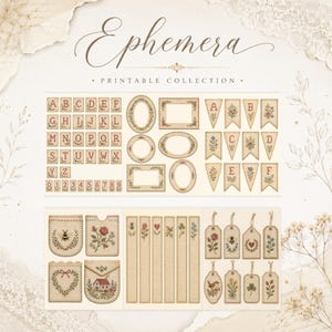 May include: A printable ephemera collection featuring vintage-style paper elements with floral and botanical cross-stitch motifs. Includes alphabet letters, numbers, rectangular and oval frames, pennants, pockets, bookmarks, and decorative tags.