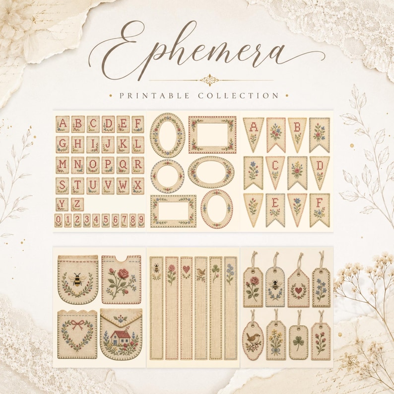 May include: A printable ephemera collection featuring vintage-style paper elements with floral and botanical cross-stitch motifs. Includes alphabet letters, numbers, rectangular and oval frames, pennants, pockets, bookmarks, and decorative tags.