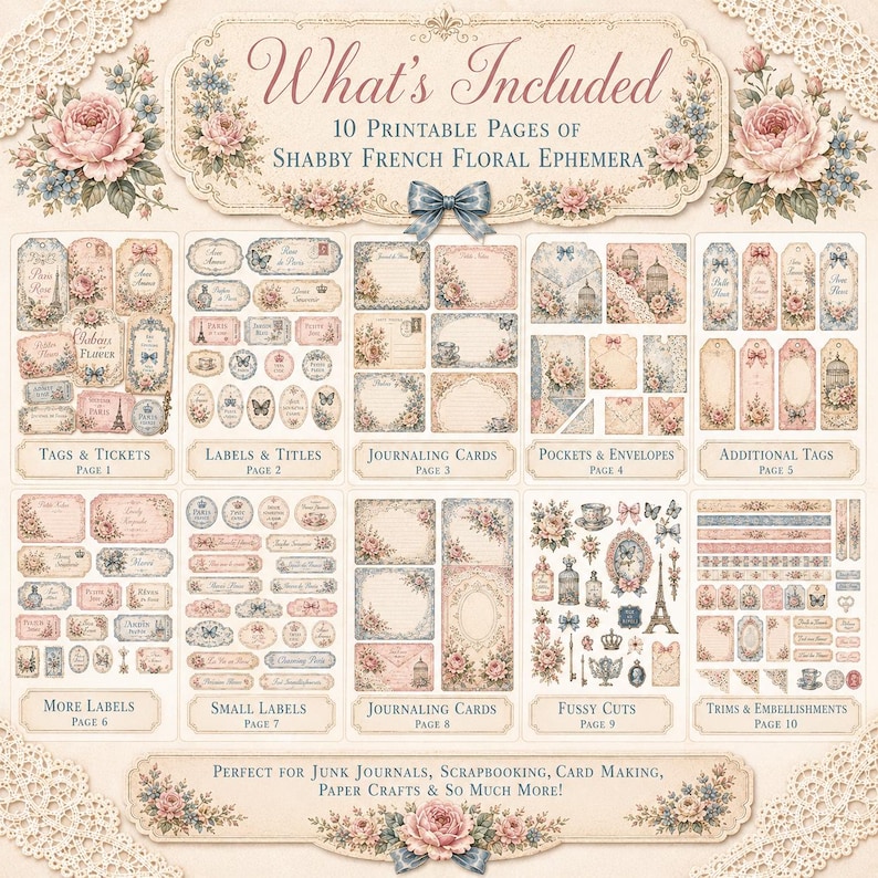 May include: A collection of 10 printable pages of shabby French floral ephemera featuring tags, tickets, labels, journaling cards, pockets, envelopes, and fussy cuts with pink and blue floral motifs, lace borders, and vintage-style typography.